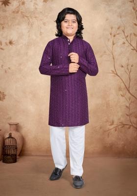 Purple Chikankari Work Rayon Kurta Pyjama For Boys