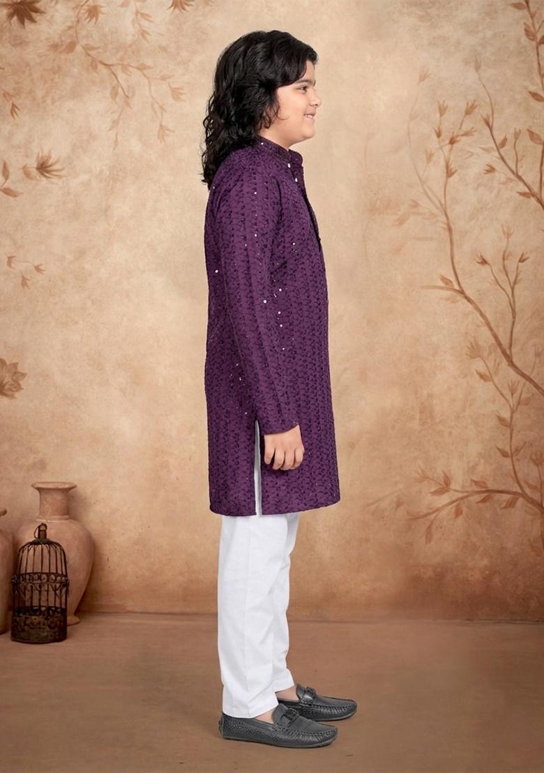 Purple Chikankari Work Rayon Kurta Pyjama For Boys - Indya