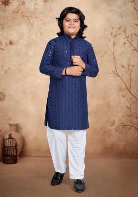 Blue Chikankari Work Rayon Kurta Pyjama For Boys