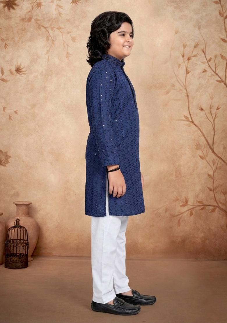Blue Chikankari Work Rayon Kurta Pyjama For Boys - Indya