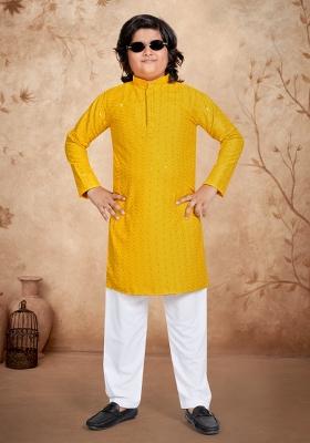 Yellow Chikankari Work Rayon Kurta Pyjama For Boys
