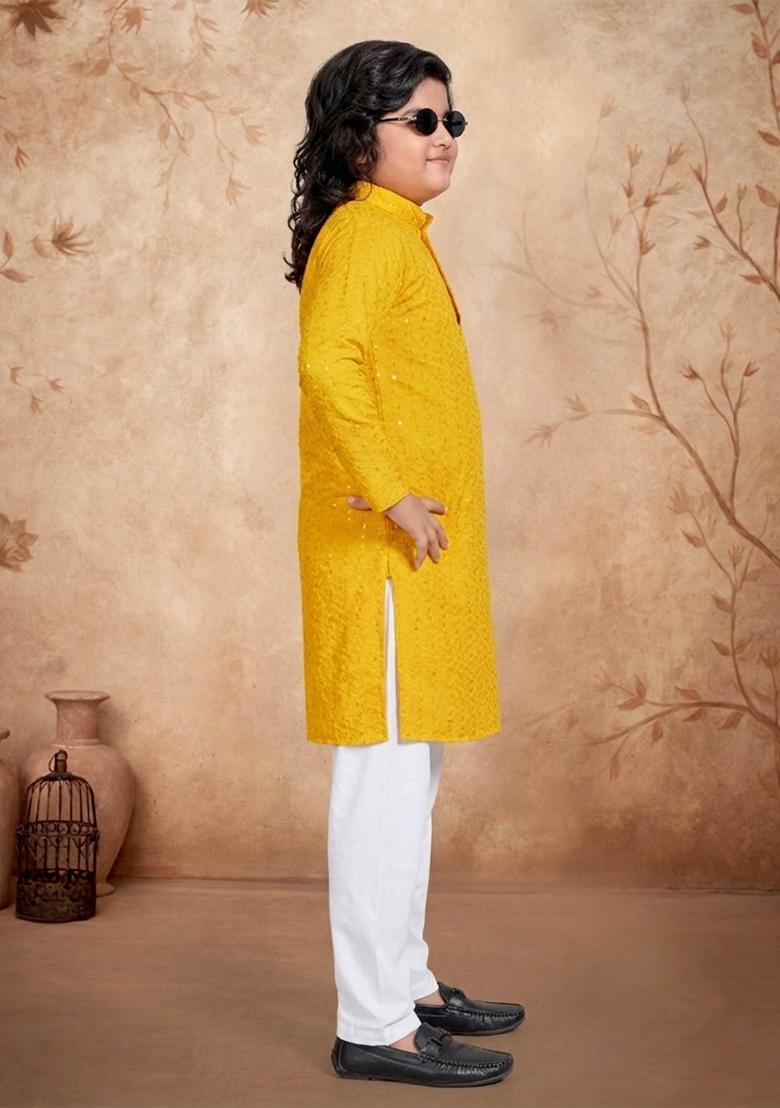 Yellow Chikankari Work Rayon Kurta Pyjama For Boys - Indya