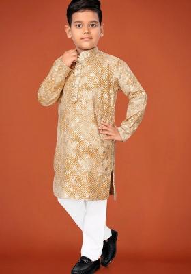 Yellow Embroidered Viscose Kurta Pyjama For Boys