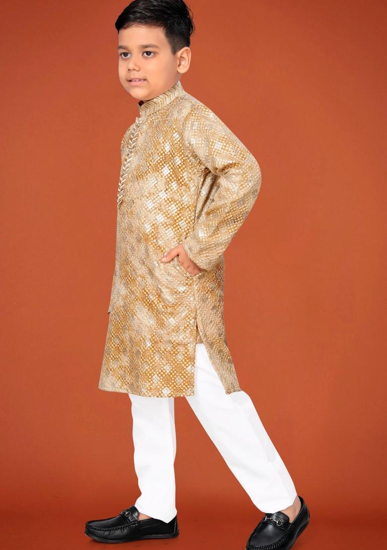 Yellow Embroidered Viscose Kurta Pyjama For Boys - Indya