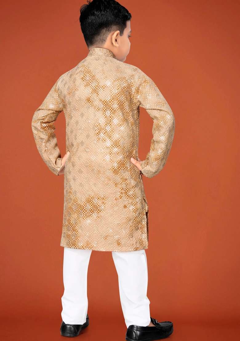 Yellow Embroidered Viscose Kurta Pyjama For Boys - Indya