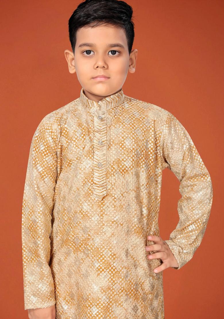 Yellow Embroidered Viscose Kurta Pyjama For Boys - Indya