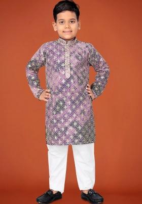 Purple Embroidered Viscose Kurta Pyjama For Boys