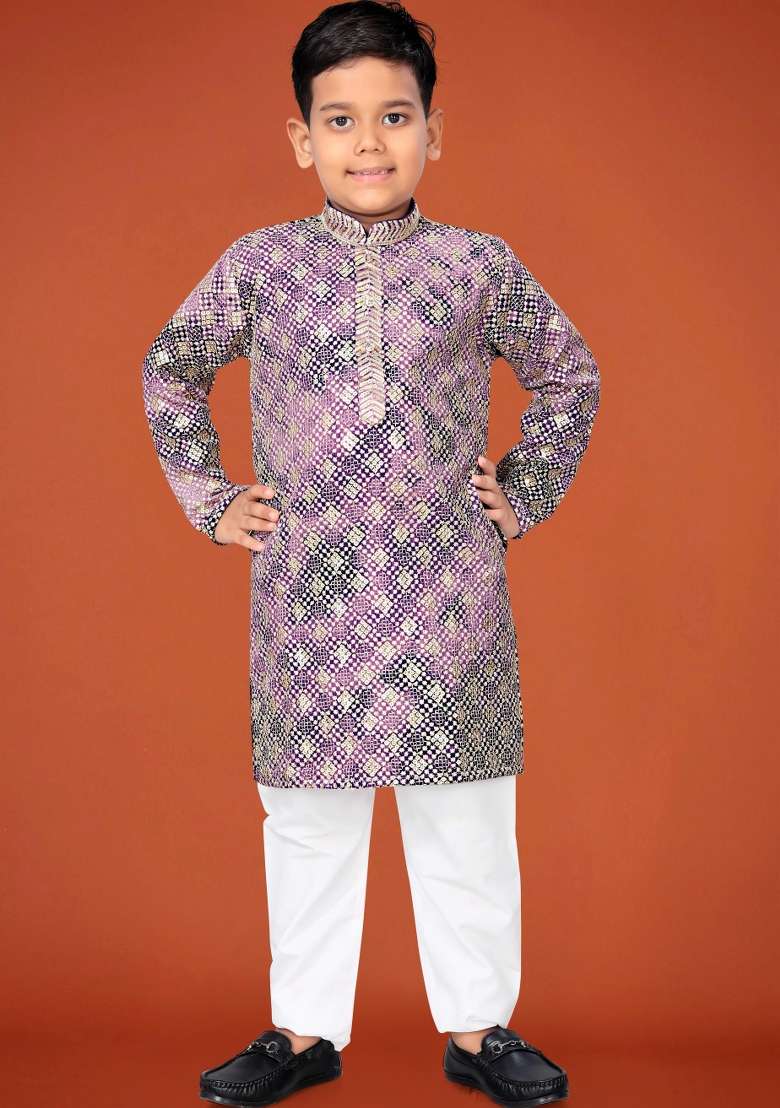 Purple Embroidered Viscose Kurta Pyjama For Boys - Indya