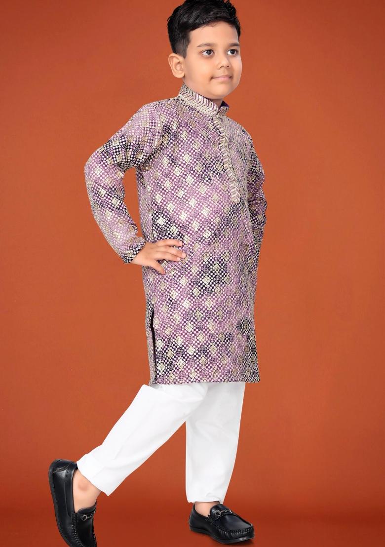 Purple Embroidered Viscose Kurta Pyjama For Boys - Indya