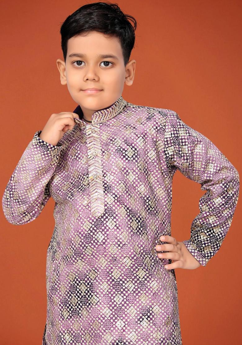 Purple Embroidered Viscose Kurta Pyjama For Boys - Indya