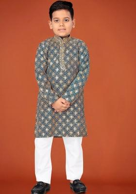 Grey Embroidered Viscose Kurta Pyjama For Boys