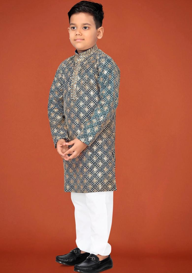 Grey Embroidered Viscose Kurta Pyjama For Boys - Indya