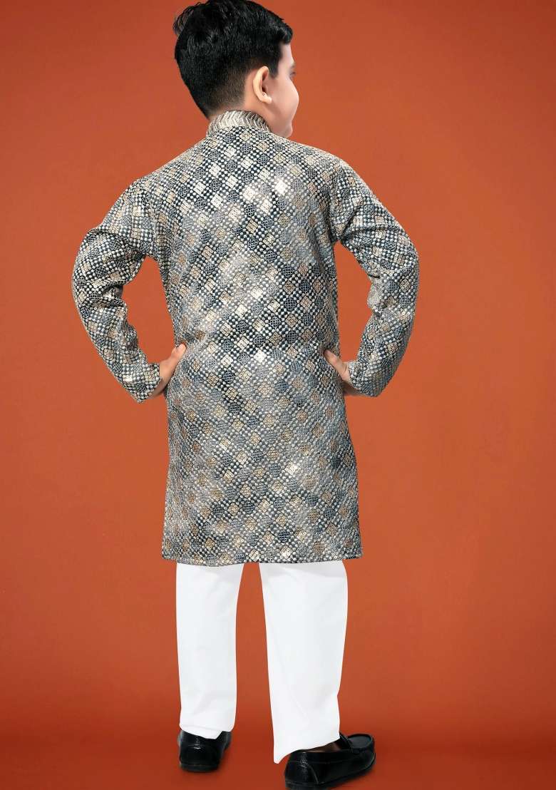 Grey Embroidered Viscose Kurta Pyjama For Boys - Indya