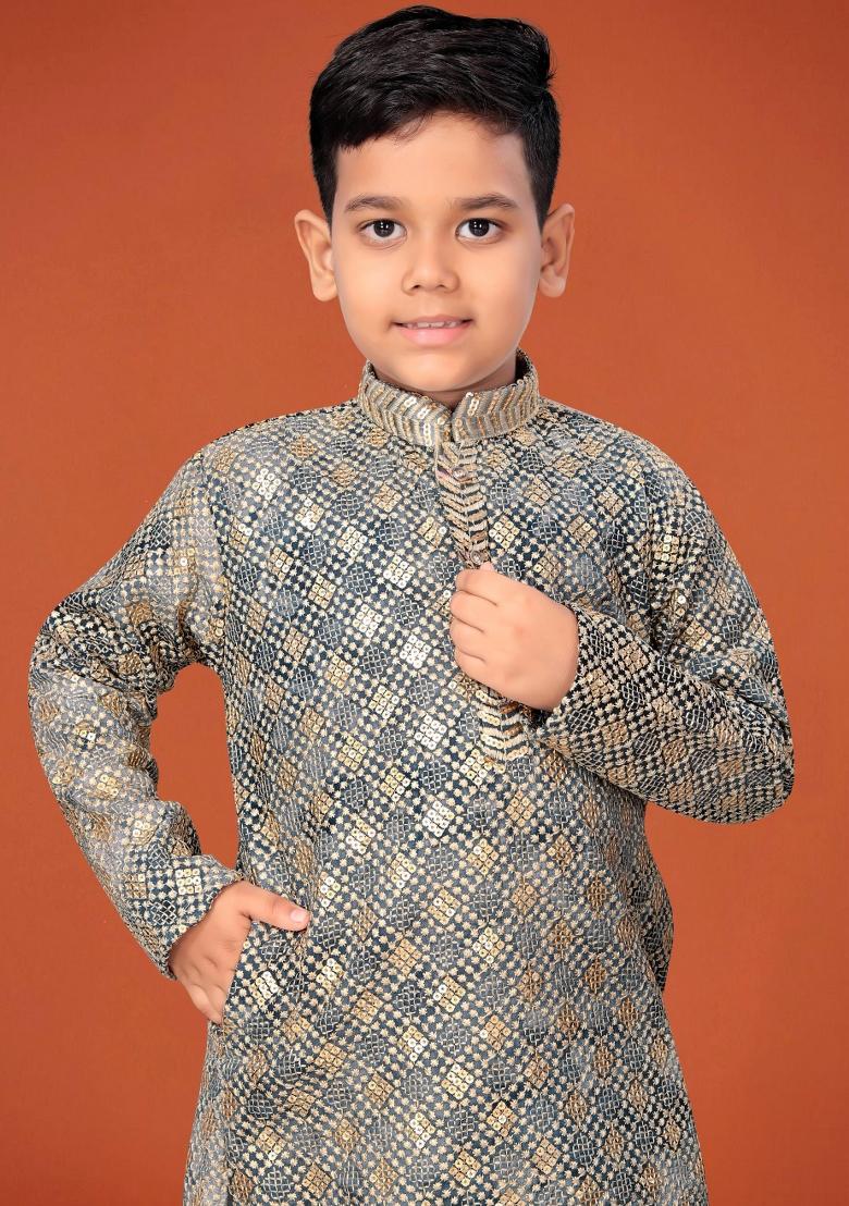 Grey Embroidered Viscose Kurta Pyjama For Boys - Indya