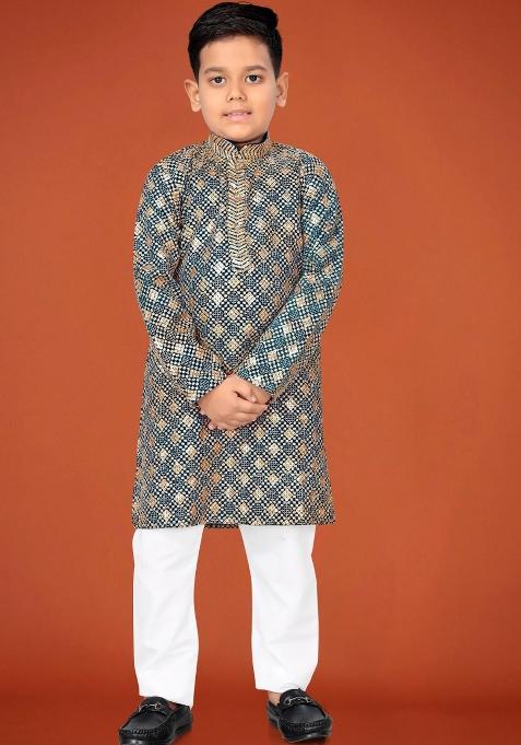 Grey Embroidered Viscose Kurta Pyjama For Boys