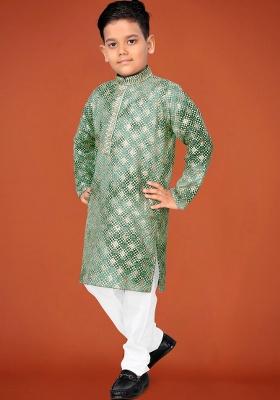 Green Embroidered Viscose Kurta Pyjama For Boys