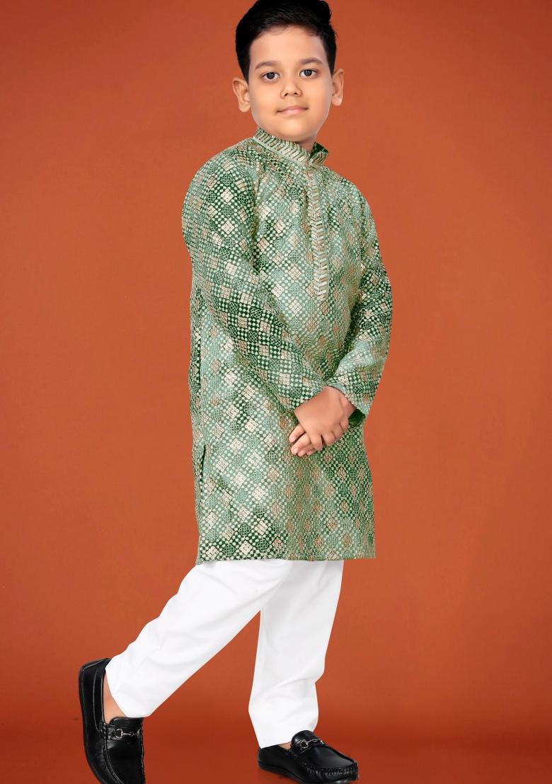 Green Embroidered Viscose Kurta Pyjama For Boys - Indya