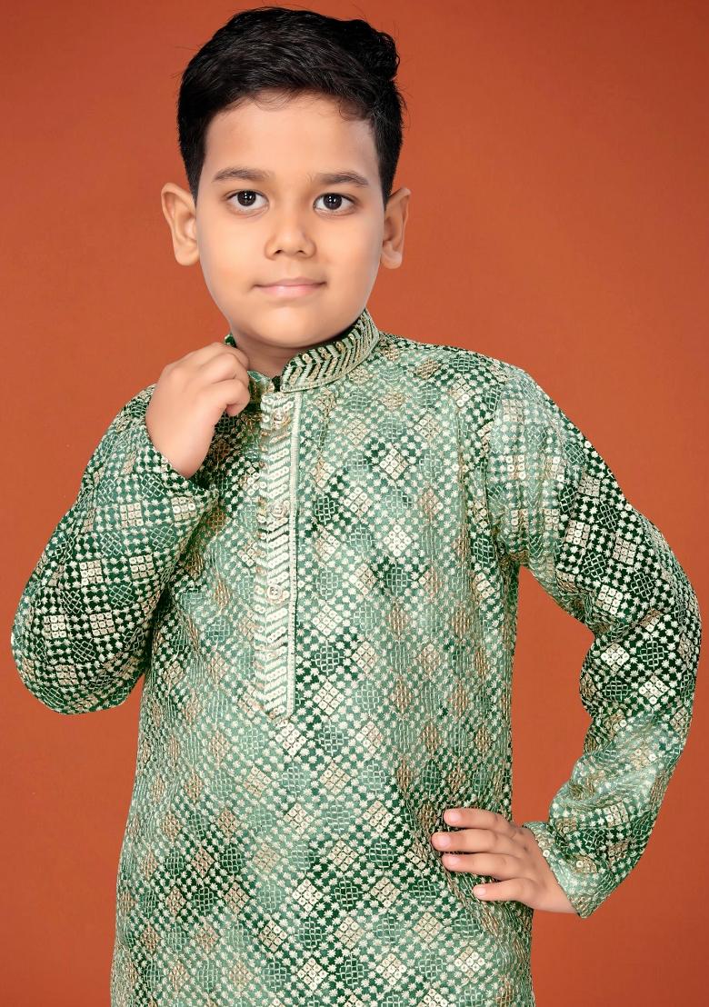Green Embroidered Viscose Kurta Pyjama For Boys - Indya