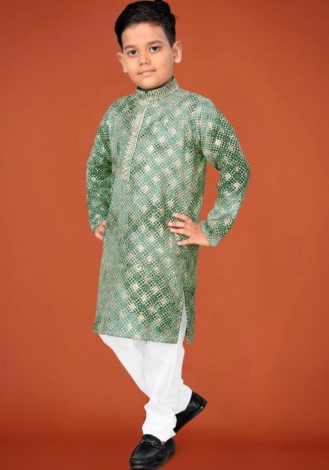 Green Embroidered Viscose Kurta Pyjama For Boys