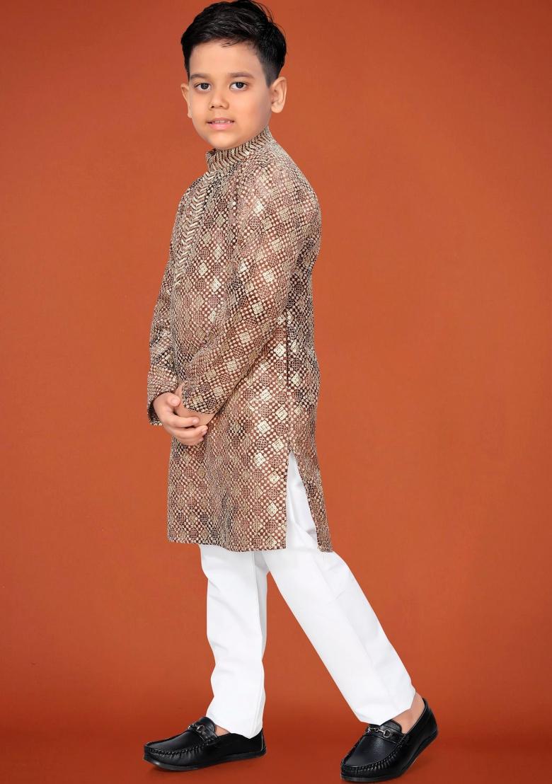 Rust Embroidered Viscose Kurta Pyjama For Boys - Indya