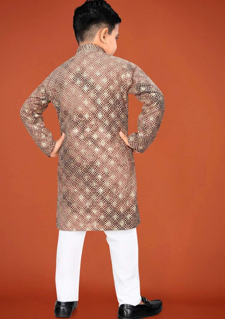 Rust Embroidered Viscose Kurta Pyjama For Boys - Indya