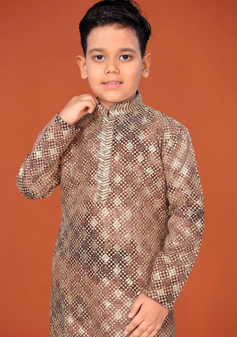 Rust Embroidered Viscose Kurta Pyjama For Boys - Indya