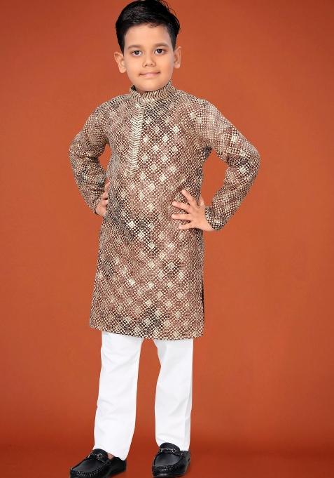 Rust Embroidered Viscose Kurta Pyjama For Boys