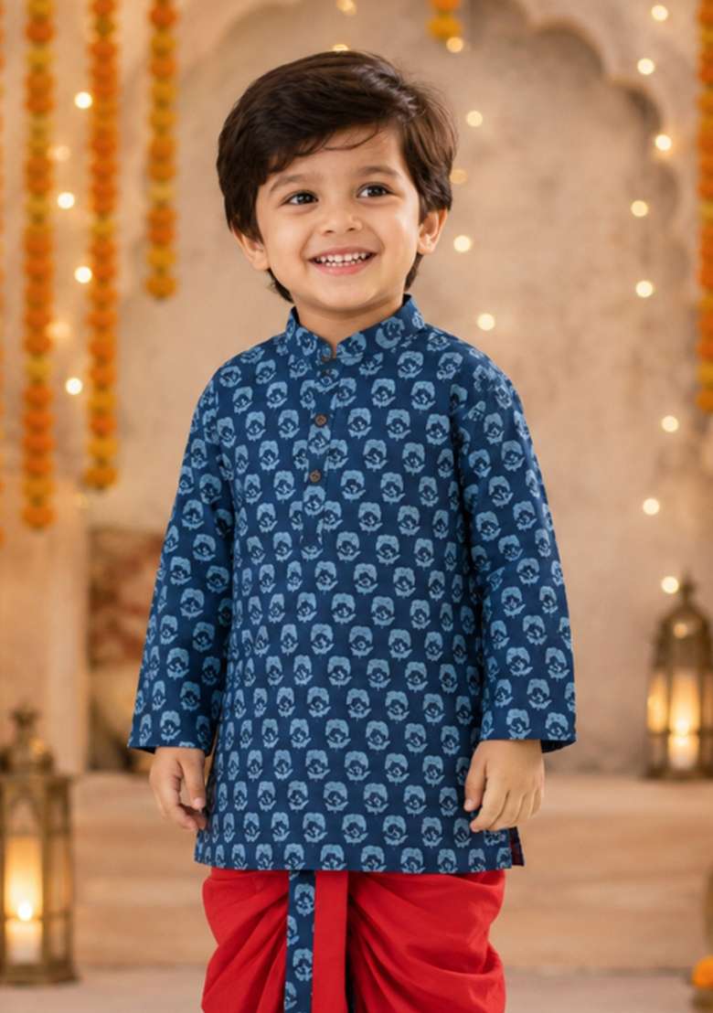Navy Blue Floral Print Cotton Ethnic Set For Boys - Indya