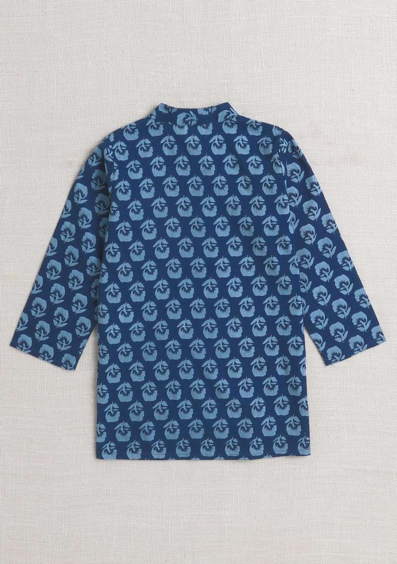 Navy Blue Floral Print Cotton Ethnic Set For Boys - Indya