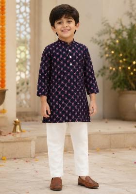 Navy Blue Printed Cotton Ethnic Set For Boys
