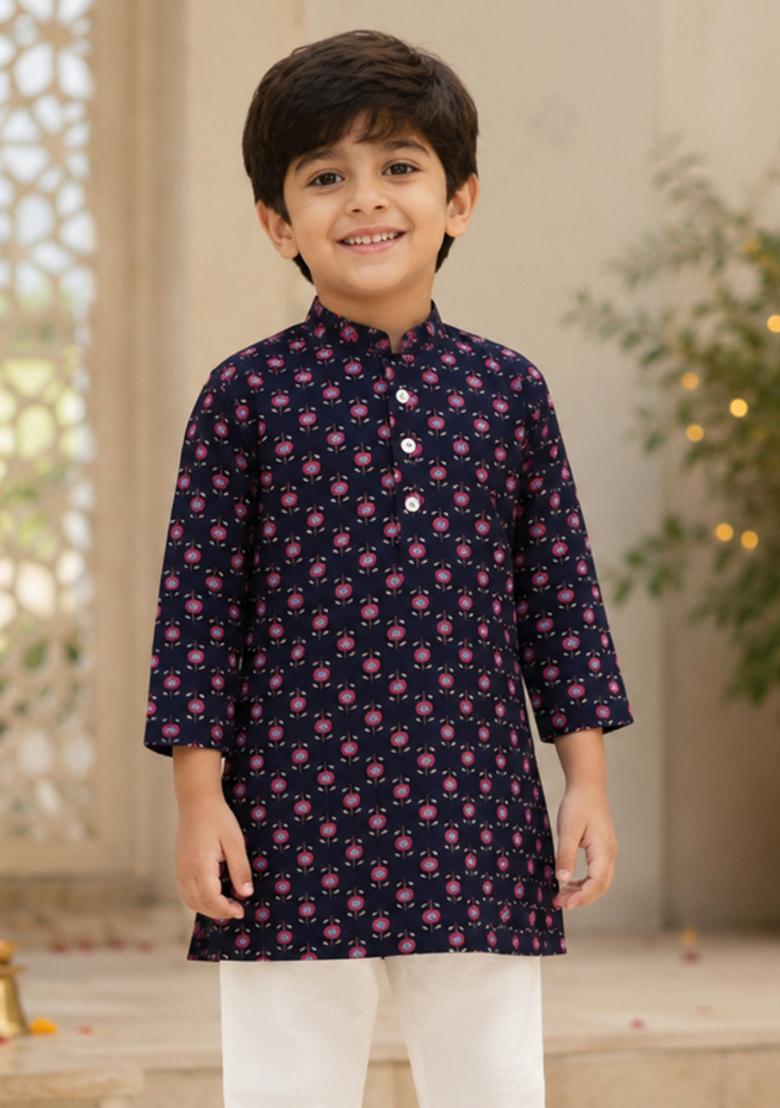 Navy Blue Printed Cotton Ethnic Set For Boys - Indya
