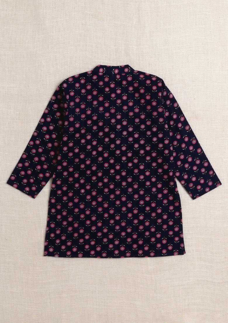 Navy Blue Printed Cotton Ethnic Set For Boys - Indya