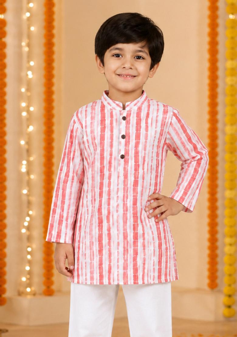 Peach Printed Cotton Ethnic Set For Boys - Indya