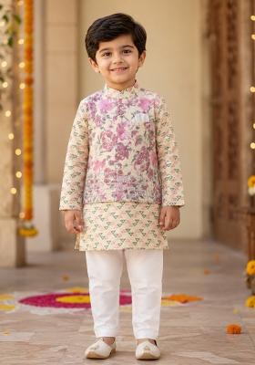 Yellow Printed Cotton Ethnic Set For Boys