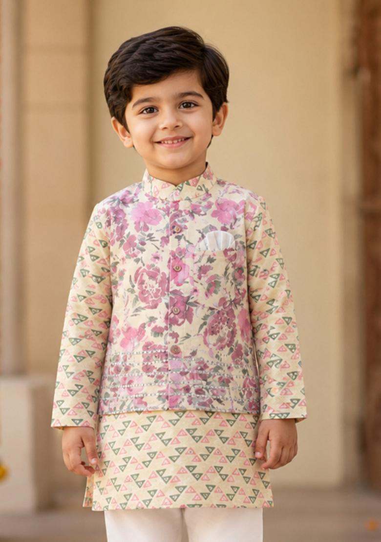 Yellow Printed Cotton Ethnic Set For Boys - Indya
