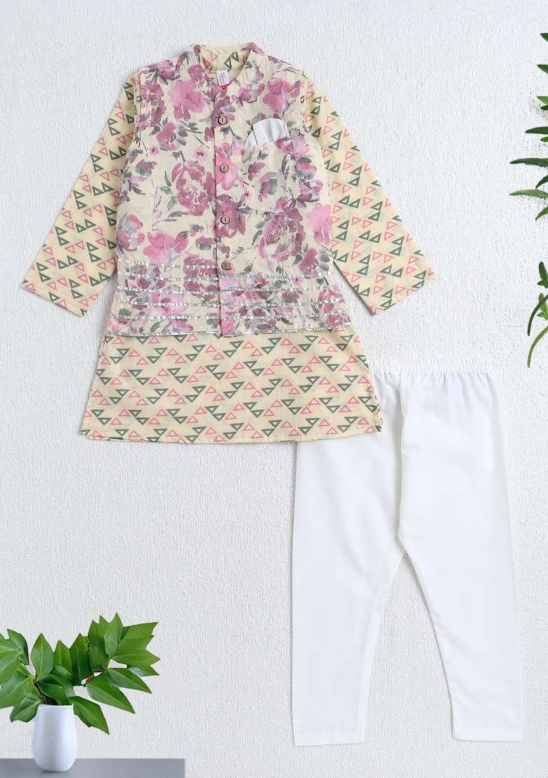 Yellow Printed Cotton Ethnic Set For Boys - Indya