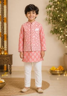 Peach Printed Cotton Ethnic Set For Boys