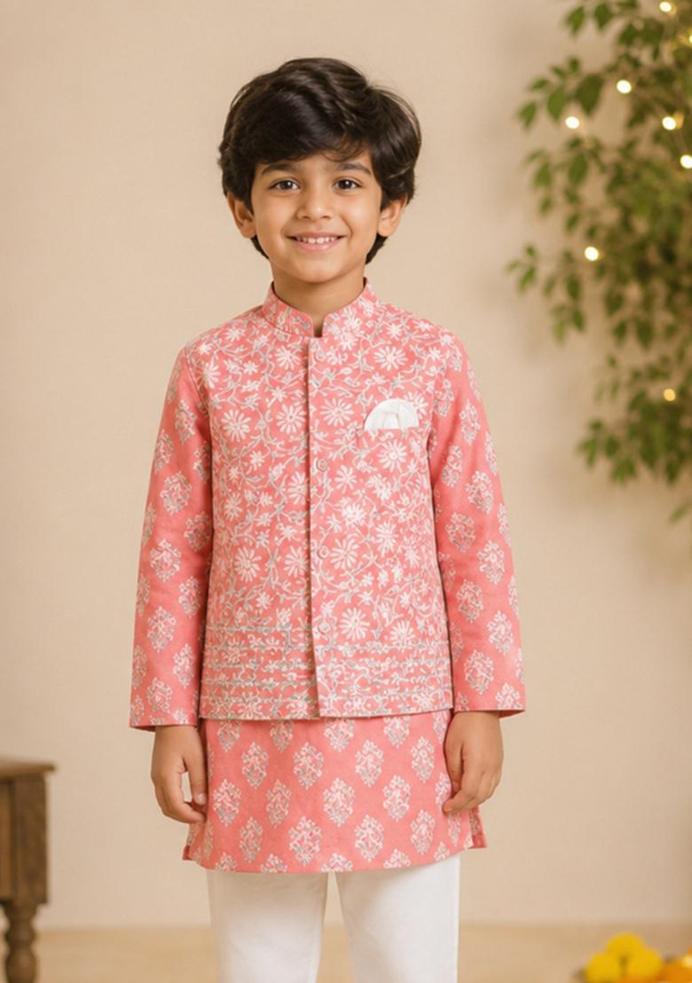 Peach Printed Cotton Ethnic Set For Boys - Indya