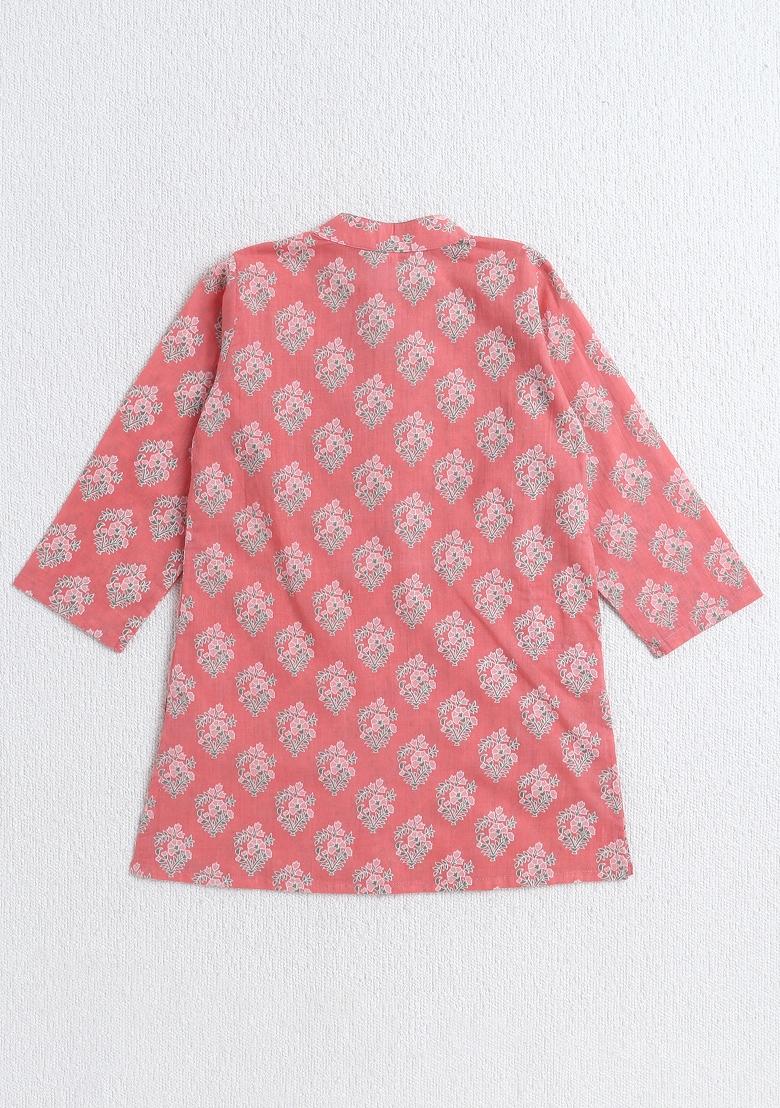 Peach Printed Cotton Ethnic Set For Boys - Indya