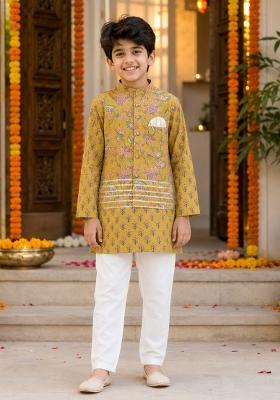 Mustard Printed Cotton Ethnic Set For Boys