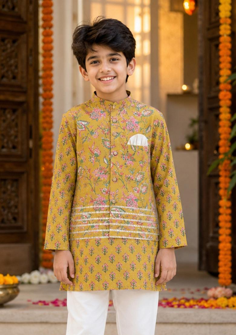 Mustard Printed Cotton Ethnic Set For Boys - Indya