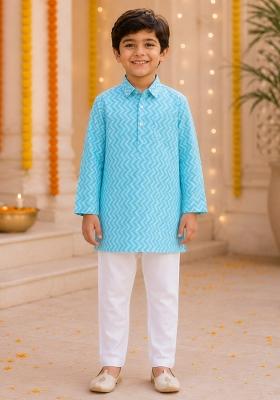 Blue Printed Cotton Ethnic Set For Boys