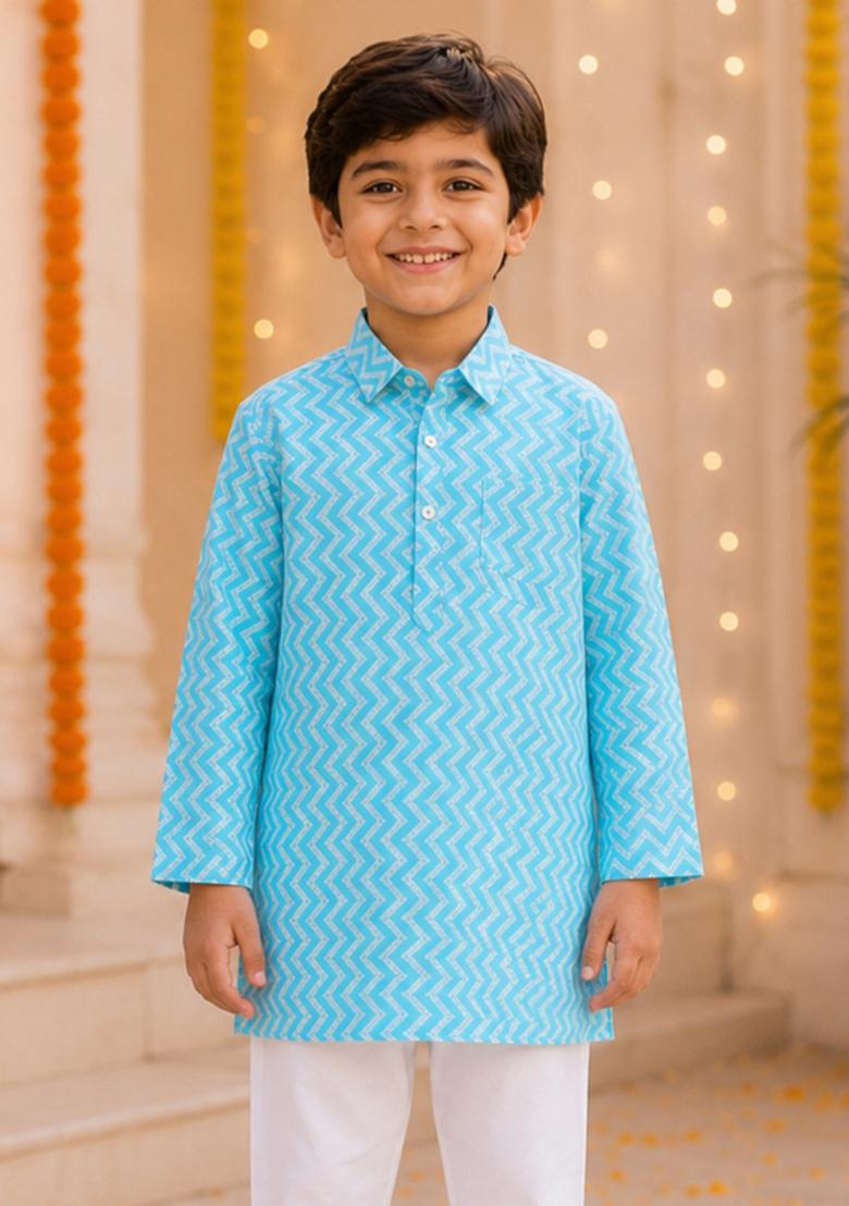 Blue Printed Cotton Ethnic Set For Boys - Indya
