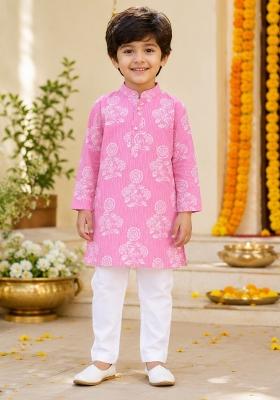 Pink Printed Cotton Ethnic Set For Boys