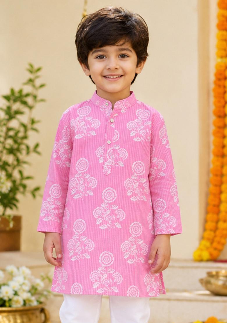 Pink Printed Cotton Ethnic Set For Boys - Indya