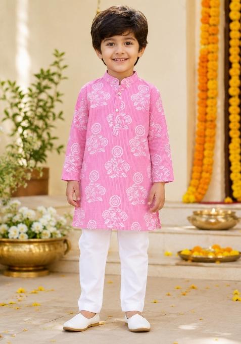 Pink Printed Cotton Ethnic Set For Boys