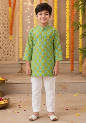 Green Printed Cotton Ethnic Set For Boys