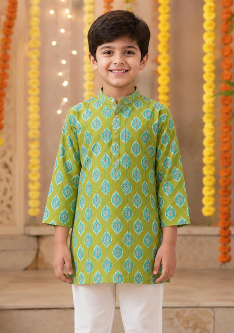 Green Printed Cotton Ethnic Set For Boys - Indya