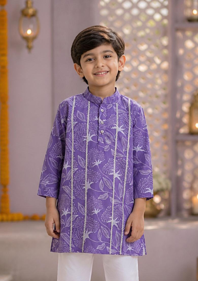 Lavender Printed Cotton Ethnic Set For Boys - Indya