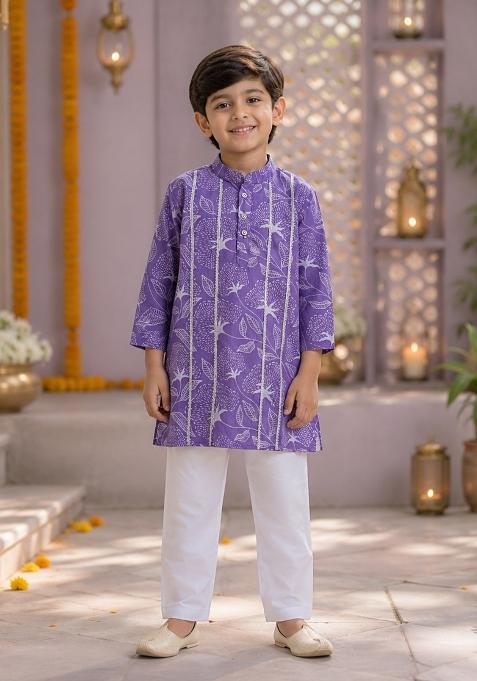 Lavender Printed Cotton Ethnic Set For Boys